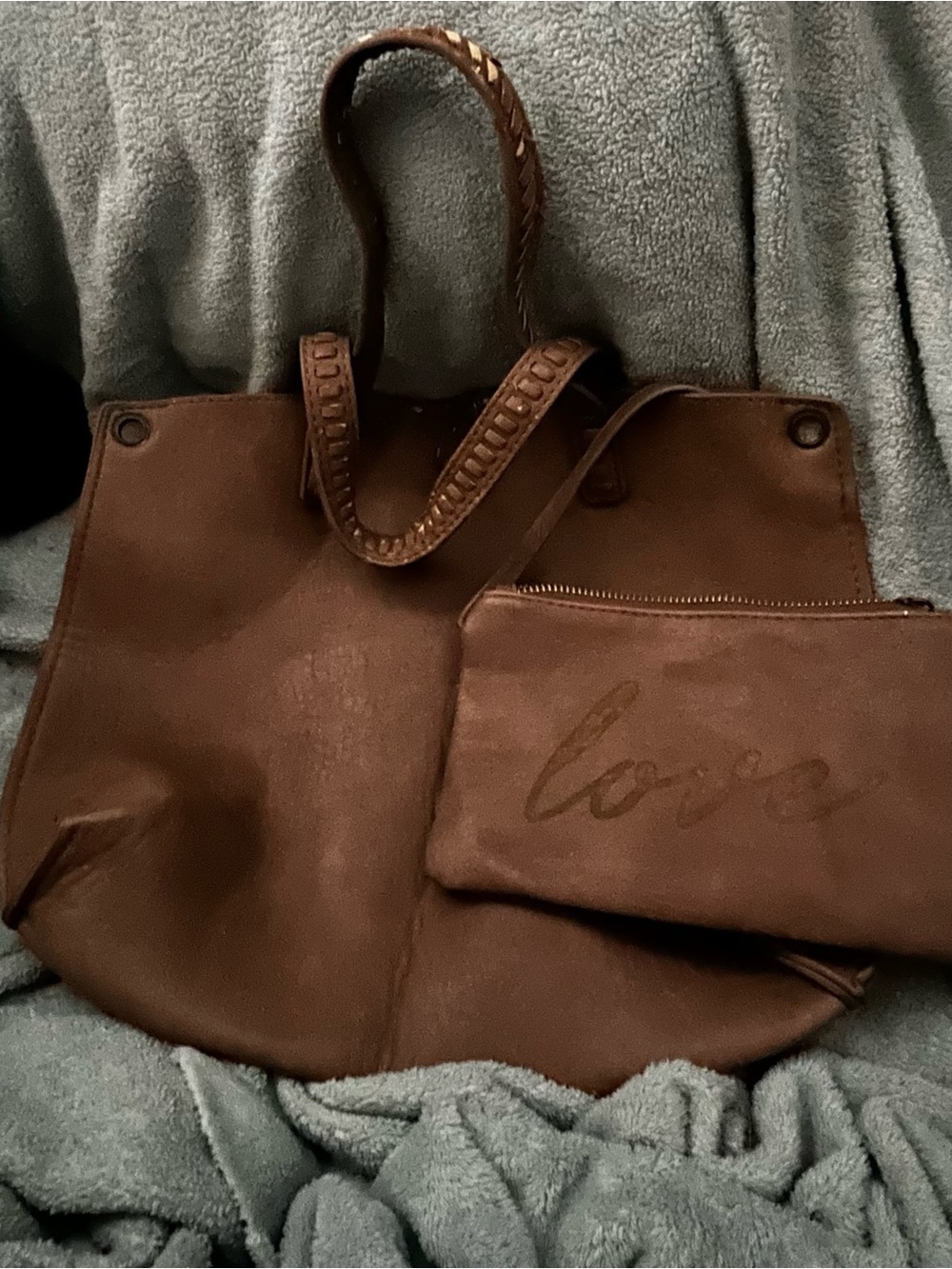 Women's Brown Shoulder Tote with Matching 'Love' Pouch